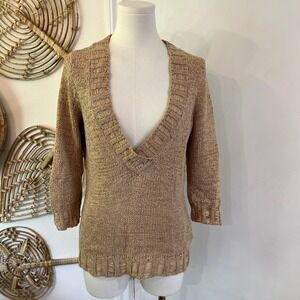 DKNY Jeans Tan Knit Sweater V Neck Chunky 3/4 Sleeve Boho Top Size S